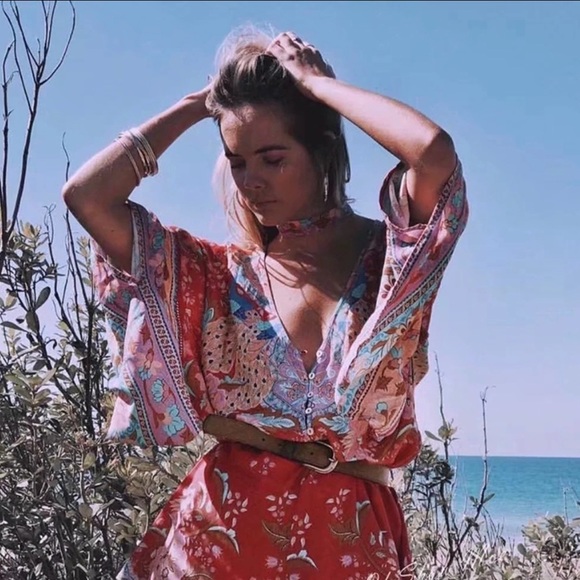 Lotus Peacock Red Cotton Boho Gypsy Romper - Picture 2 of 7